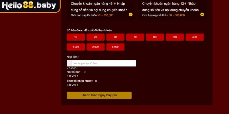 Nạp tiền HELLO88 bằng tài khoản ngân hàng

